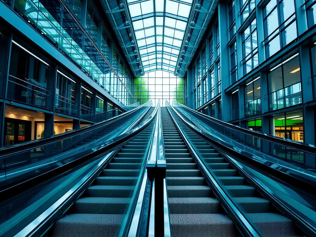 Escalators and moving walkway in a glass atrium